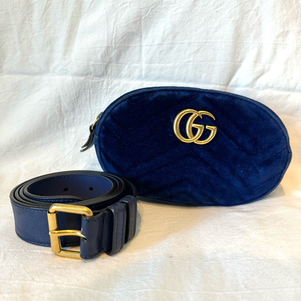 🔴SOLD🔴GUCCI Velvet Matelasse GG Marmont Belt Bag 85 34 Cobalt Blue - Picture 15 of 17